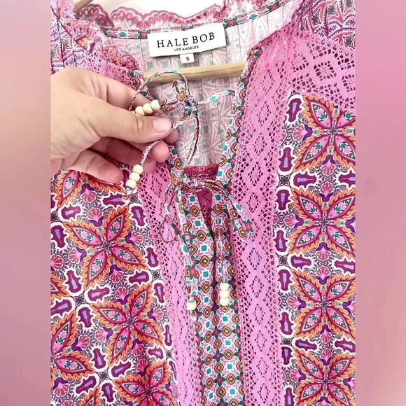 Hale Bob Los Angeles Adelaide Crochet Trim Pink Boho Pattern Blouse Size Small - Picture 9 of 15